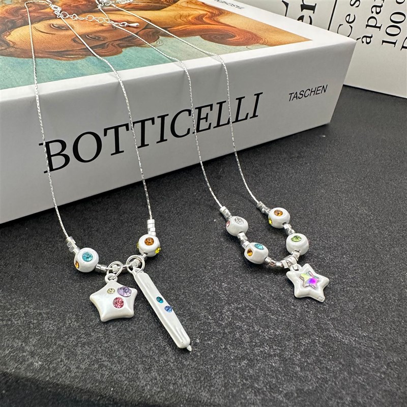 多巴胺碎银彩色串珠m五角星吊坠锁骨链女小众设计感轻奢气质项链