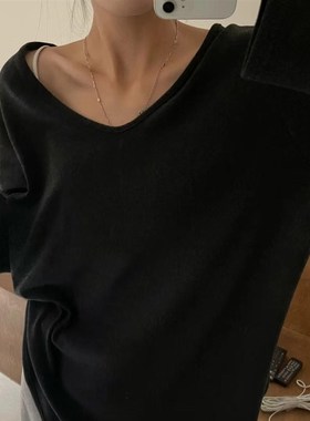 大7女装77321冬韩版宽松大码胖mm休闲纯色慵懒风V领螺纹T恤打底衫