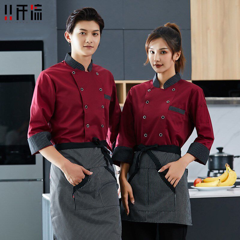 时尚条纹领厨师工作服秋冬长袖男餐馆快餐店饭店食堂厨师服女定制