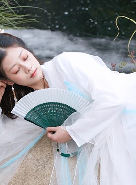 雅扇堂古风丝绸旗袍扇子女中国风雕花翠竹扇绿色小巧空白折扇