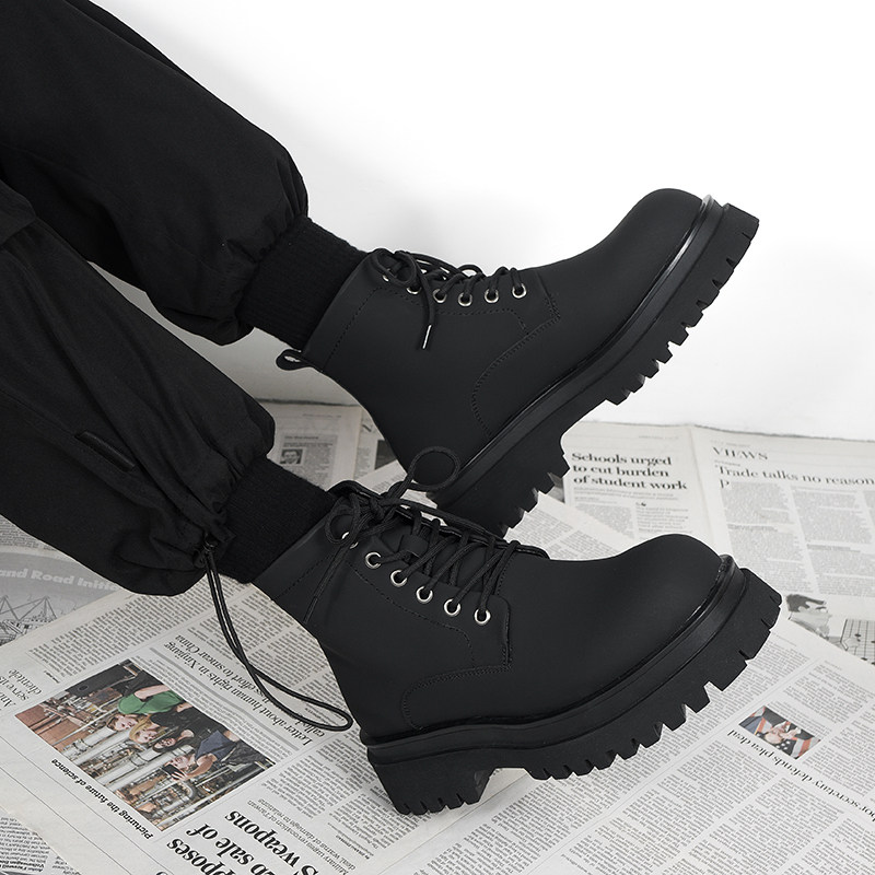 马丁靴男款2023新款秋冬季英伦风高帮皮鞋厚底增高黑色中帮皮靴子