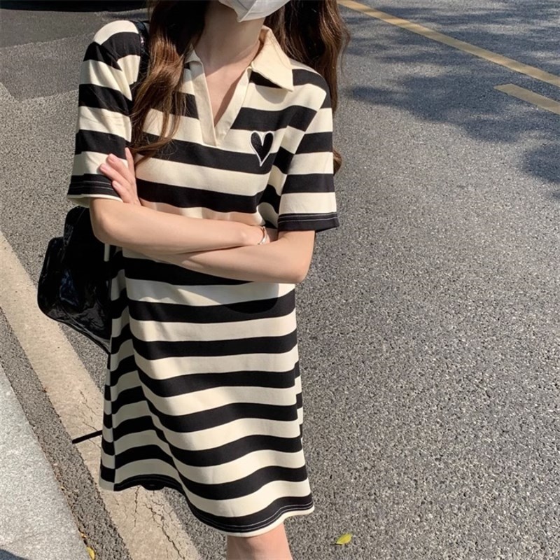 新款珠地纯棉条纹睡裙女夏宽松洋气可外穿翻领T恤睡衣家居连衣裙