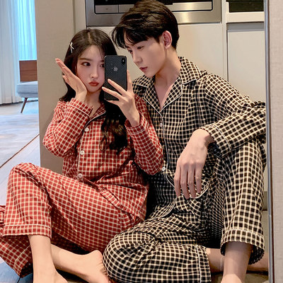 极速Japanese couple pajamas suit cotton crepe ladies grid pr