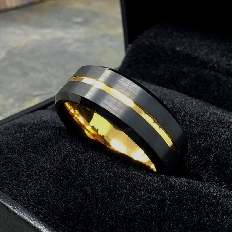 速发ndy 8mm Gold Groove Beveled Edge Black Tungsten Wedding