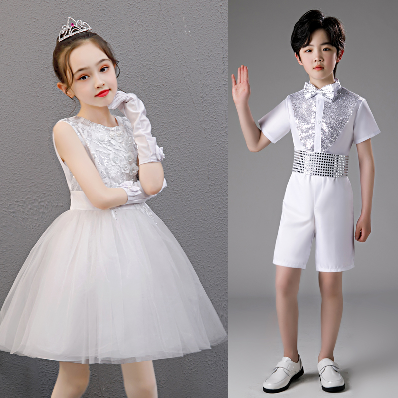 花童礼服女白色女孩蓬蓬纱裙钢琴表演儿H童公主裙婚礼小伴娘主持