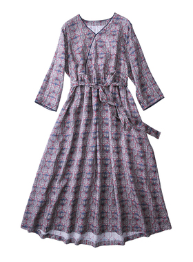 连衣裙2021春夏苎麻裙子仙女超仙森系女文艺显瘦紫色棉麻v领长裙