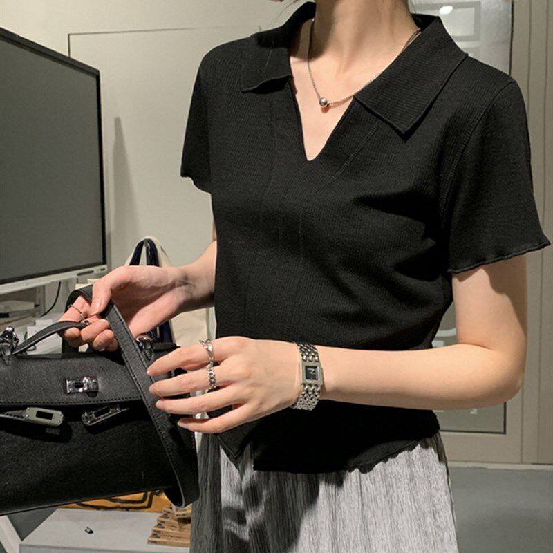 韩国美式气质短袖t恤女v领夏2023新款黑色薄款polo针织衫短款上衣