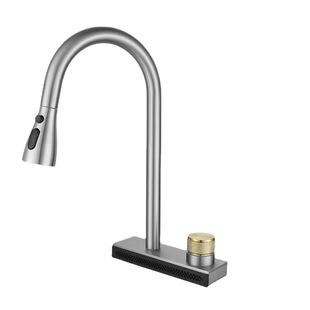 厨房洗菜盆抽拉式 飞水瀑布单孔冷热水龙头304不锈钢旋转纳米黑色