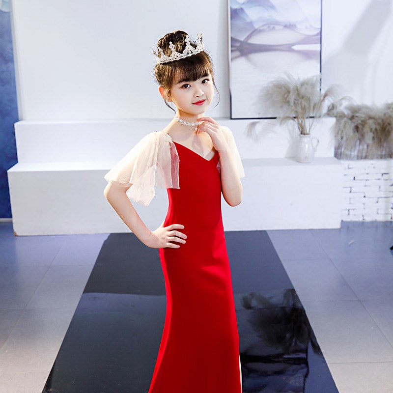 2023新款红色长款女童主持T台走秀演出表演时尚V鱼尾开叉晚礼服