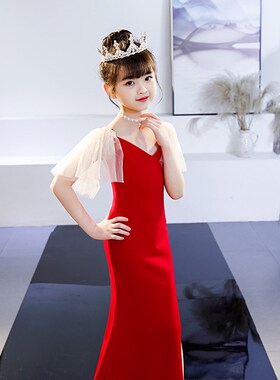 2023新款红色长款女童主持T台走秀演出表演时尚V鱼尾开叉晚礼服
