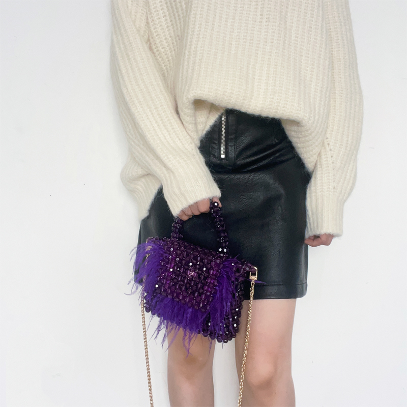 手工串珠链条包女紫色水晶串珠包斜挎包diy材料包制作单肩小方包