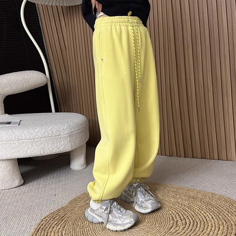 韩系2024冬季松紧腰高腰抽绳束脚裤子口袋加厚加绒糖果色卫裤女,女装/女士精品,卫裤,淘宝优惠券,粉丝福利购,淘宝优惠卷