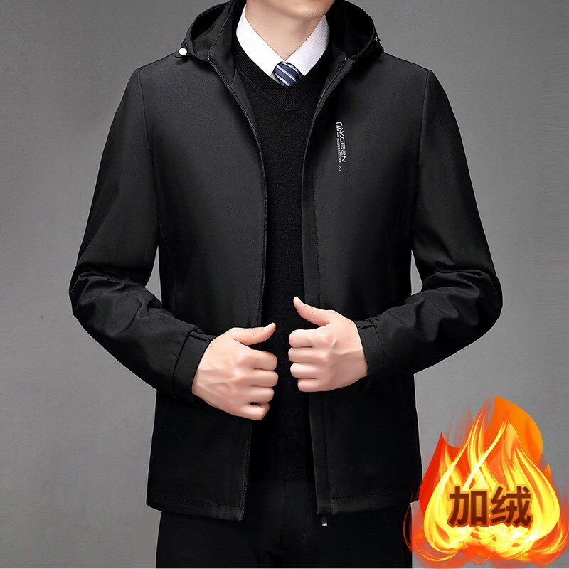 高档男士加绒红色夹克2024秋冬款舒中年户外男式潮流爸爸外套上装