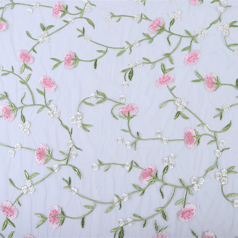 春夏新款网纱绣花布 植物花朵立体刺绣蕾丝布料 女童装连衣裙面料