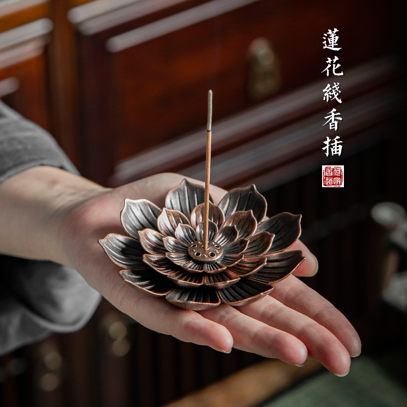 工厂销香插荷风莲花仿古铜茶道多孔檀线香炉N铜合金香座托供佛禅