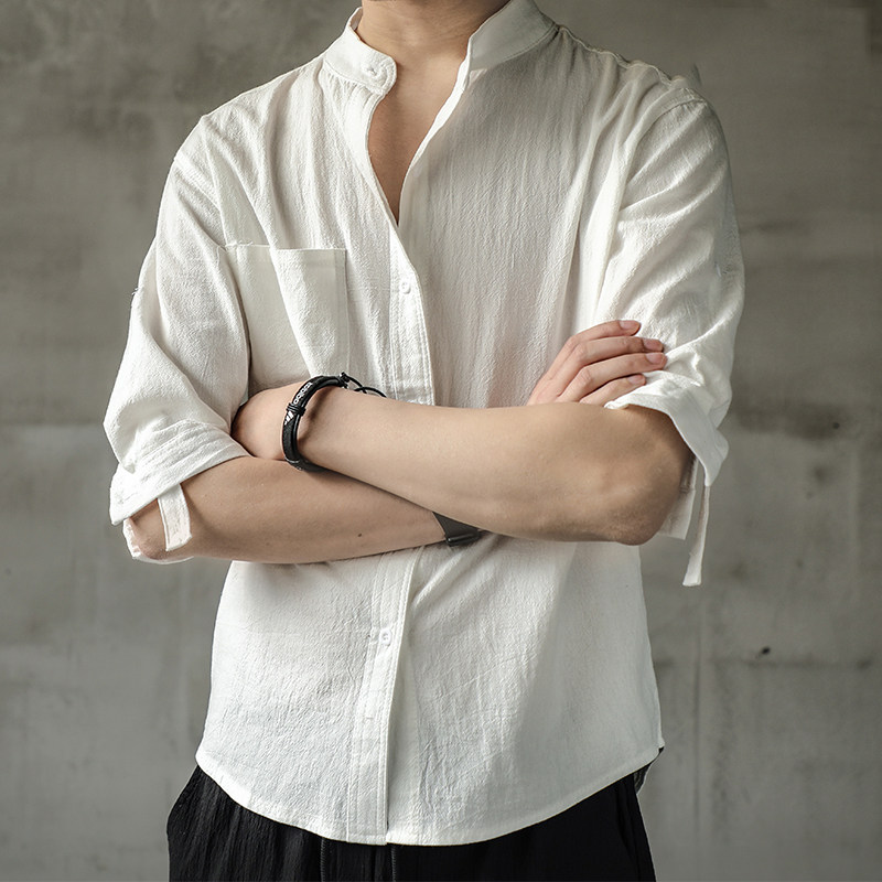 2023新款亚麻衬衫男短袖宽松大码衬衣夏季棉麻五分袖男士休闲外套