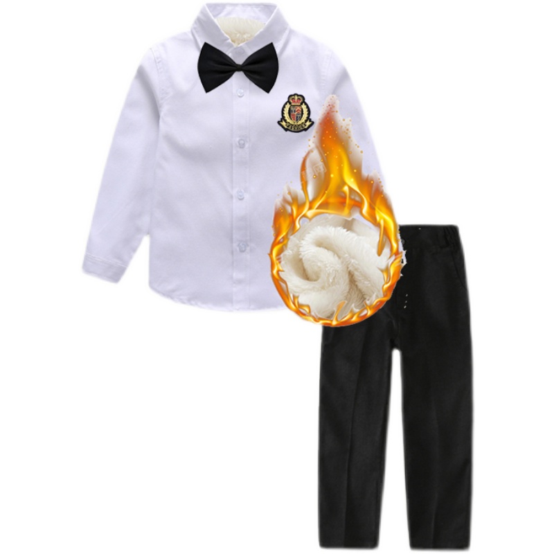 加绒男童礼服套装儿童白色衬衫黑裤花童主持O人小学生表演出服秋
