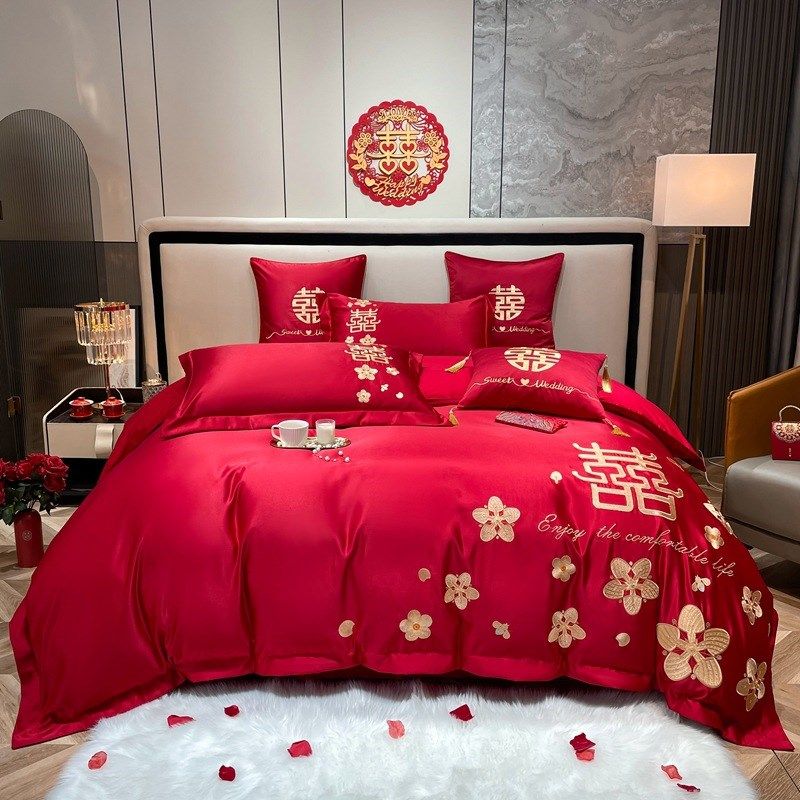 新婚庆四件套大红色全棉刺绣结婚房喜被套六八十件套床上用品,床上用品,婚庆床品套件,淘宝优惠券,粉丝福利购,淘宝优惠卷