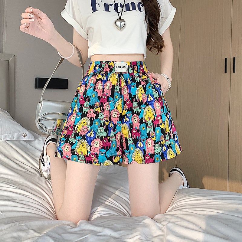 现货时尚卡通涂鸦印花短裤女夏薄款沙滩休闲裤外穿高腰显瘦a字阔