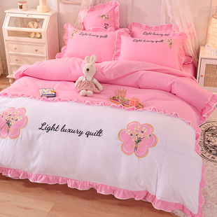 网红全棉四件套床裙式床单被套公主风刺绣床上被罩厚床笠少女