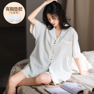 小清新睡衣女夏天纯棉带胸垫休闲宽松薄款 家居服梭织皱布 短袖 短裤