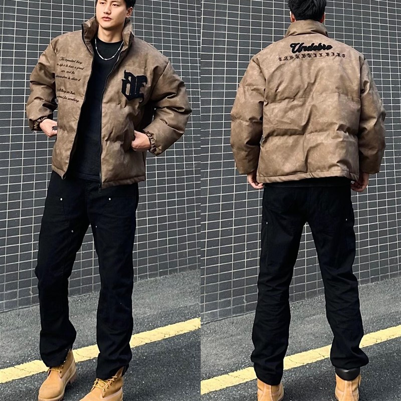 韩版pu皮棉衣外套男装高级感保暖棉服套装搭配工装直筒裤冬季穿搭