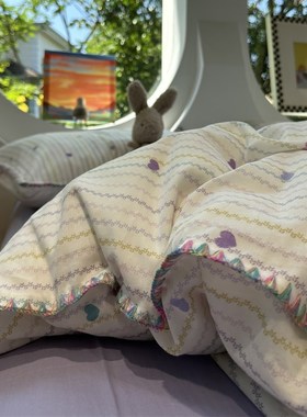 A类母婴级紫色爱心条纹双层纱四件套1.5m1.8少女全棉床单被套