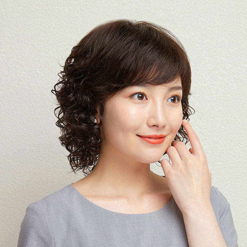真发女假发短卷发时尚玉米烫小卷发真人发l丝女士中年妈妈整顶发