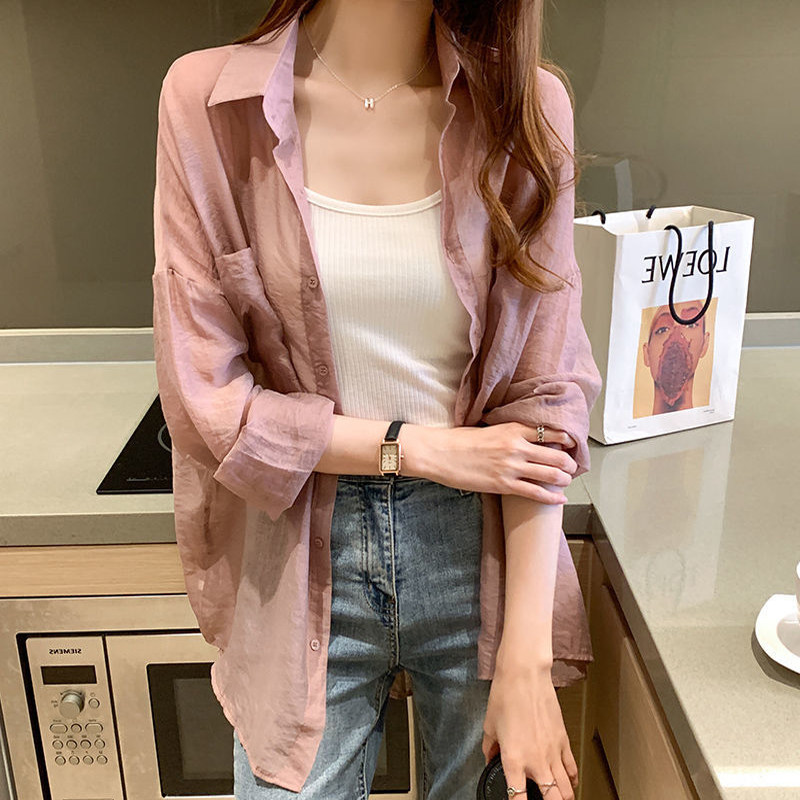 白色正肩雪纺衬衫防晒衣女2023新款夏天大R码宽松长袖外套潮