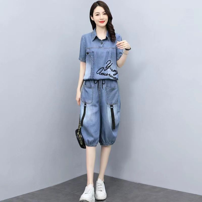 薄款牛仔休闲套装女夏季q2024年新款遮肚显瘦薄款七分阔腿裤两件