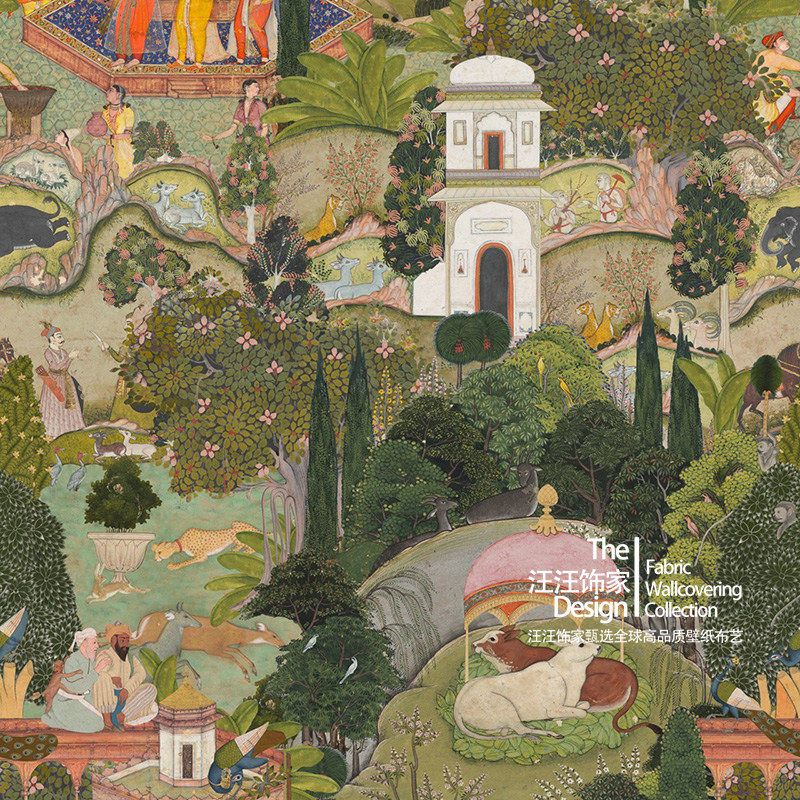 高级定制无c缝墙布壁画斋浦尔花园印度风情南洋复古轻奢卧室背景