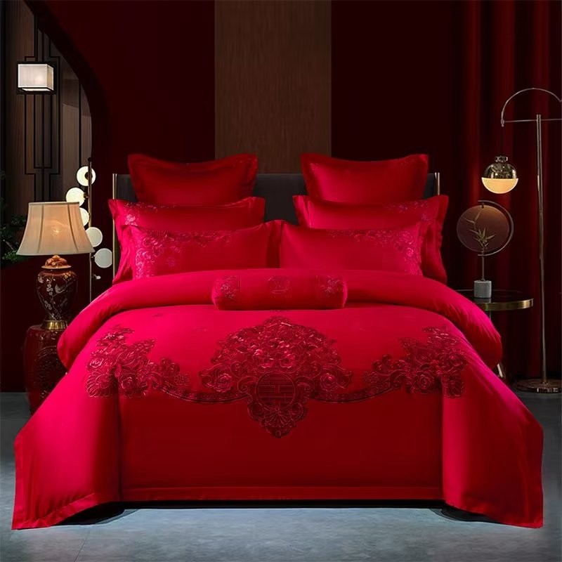 新婚喜被床上四件套全棉粉大红色刺绣花婚庆陪嫁床品被套床单,床上用品,婚庆床品套件,淘宝优惠券,粉丝福利购,淘宝优惠卷