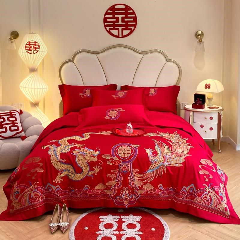 新中式龙凤刺绣结婚四件套全棉2024新款红色被套婚庆床上用品,床上用品,婚庆床品套件,淘宝优惠券,粉丝福利购,淘宝优惠卷
