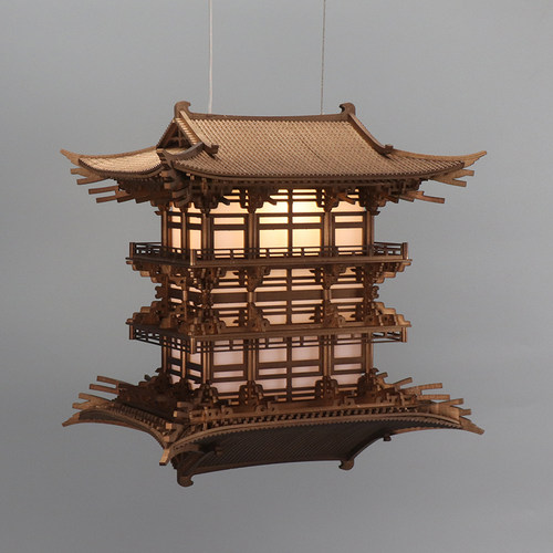 中式木雕古建筑软装前台壁挂装饰空中吊饰悬挂饰品灯实木镜像倒影