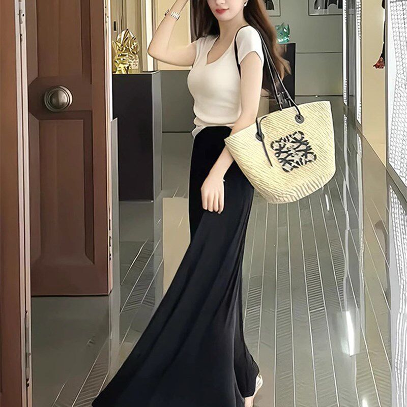 黑色百褶半身裙女夏季新款高级y感高腰垂感中长款法式套装裙两件