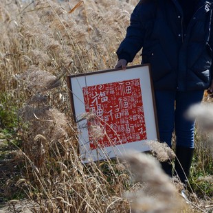 拓片原木入户朱砂装 百福图新中式 饰画客厅玄关抽象福字挂画实木