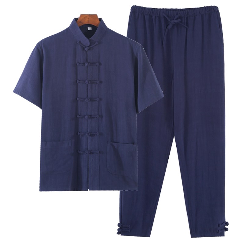 亚麻夏季中式唐装短袖套装中老年男士太极服中国风青年汉服两件套