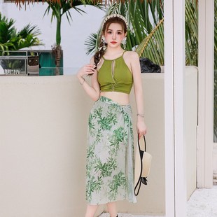 碎花遮肉显瘦度假泳装 民族风分体三件套裙式 泳衣女时尚 2024新款