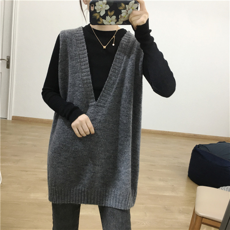 热销2021秋韩版女学生V领针织马甲背心女套头无袖毛线中长款羊毛