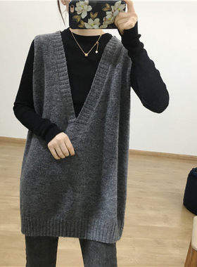 热销2021秋韩版女学生V领针织马甲背心女套头无袖毛线中长款羊毛