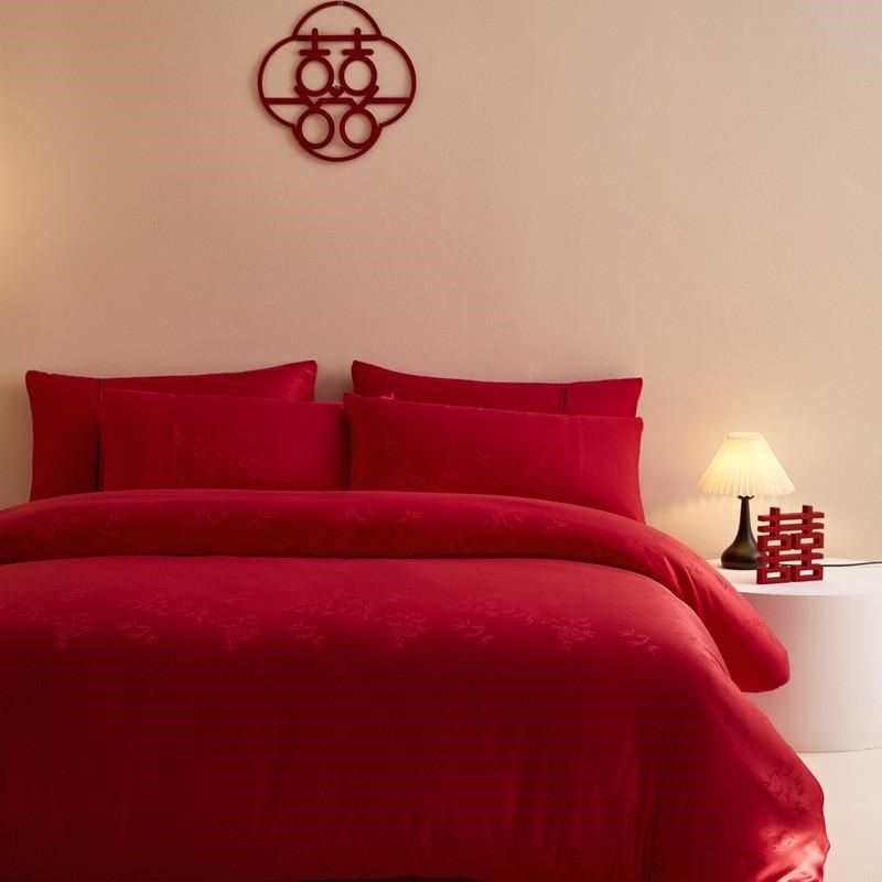 简约床上用品四件套婚婚庆铺大红备轻奢纯色高级婚礼婚房长绒棉,床上用品,婚庆床品套件,淘宝优惠券,粉丝福利购,淘宝优惠卷