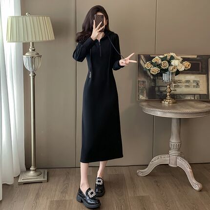 黑色休闲连帽卫衣连衣裙女秋冬季加绒加厚高级感内搭打底过膝长裙