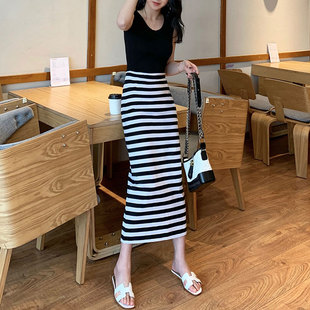 韩版春夏季修身背心连衣裙吊带打底长裙子包臀弹性显瘦条纹拼接裙