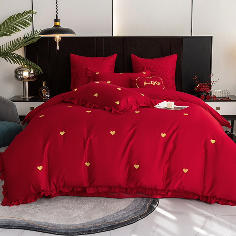 160支长绒棉爱心全棉婚庆四件套结婚大红色陪嫁喜被床上用品,床上用品,婚庆床品套件,淘宝优惠券,粉丝福利购,淘宝优惠卷
