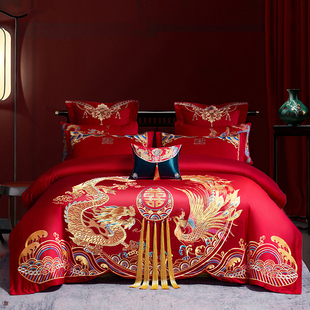 刺绣床上用品床单 高端婚庆四件套大红龙凤新结婚房嫁礼喜被罩中式