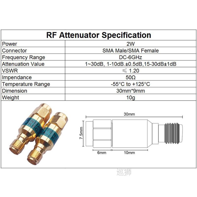 2W DC-6GHz, SMA Male to SMA Female Coaxial RF Attenuator,1/2