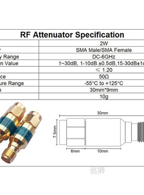 2W DC-6GHz, SMA Male to SMA Female Coaxial RF Attenuator,1/2