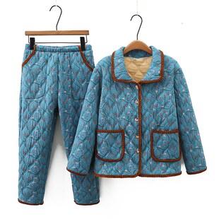 中老年人夹棉加绒睡衣女妈妈秋冬家居服外套春秋奶奶装棉衣套装厚