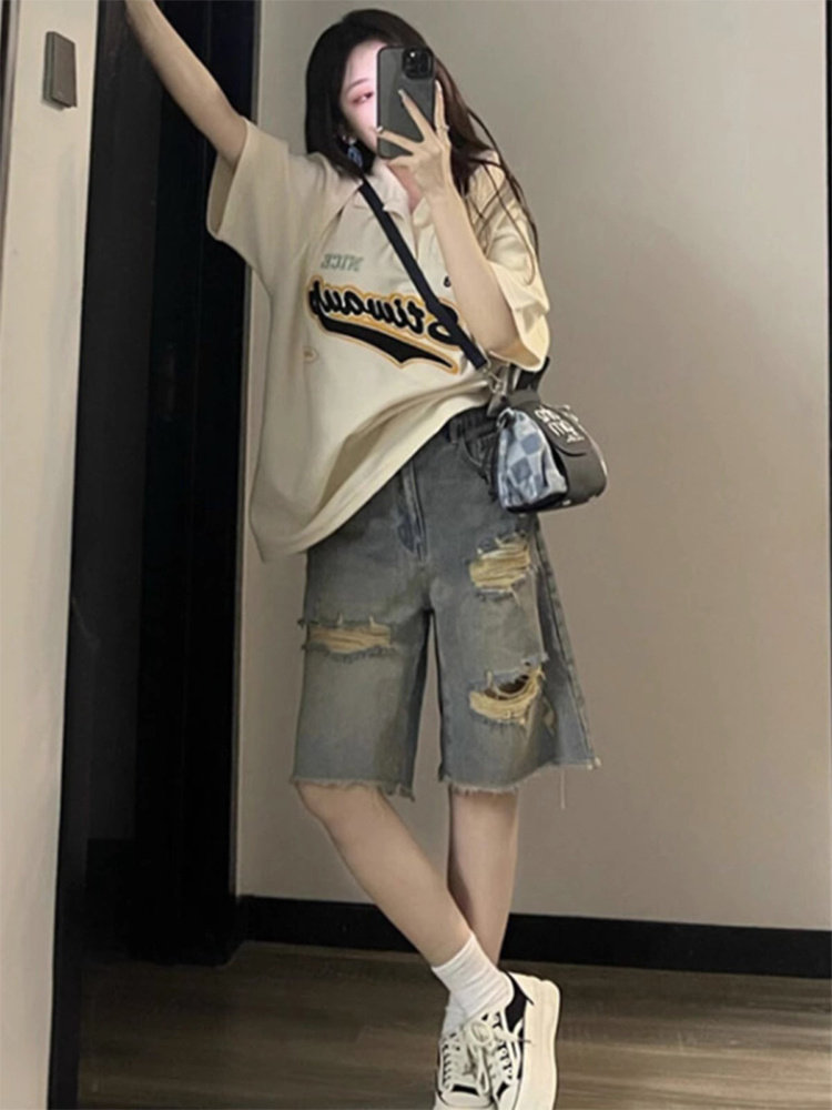 复古破洞牛仔短裤女夏季薄款大码胖MM高腰显瘦a字毛边阔腿五分裤