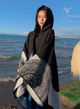 沙漠保暖围巾旅游度假拍照斗篷披肩名族风加厚百搭韩版外搭大披风
